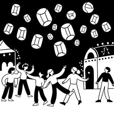 A scene depicting a vibrant festival of lights. Numerous lanterns are floating in the sky, illuminated and casting soft light. Below, a diverse group of people are celebrating, some dancing and others holding hands. There are decorations like strings of lights and garlands hanging from nearby structures. In the foreground, a couple of children are reaching up towards the lanterns, pointing excitedly.