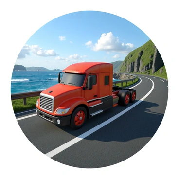 A large red truck with a shiny exterior is driving along a coastal road. The truck has a dual rear wheel design and a spacious cabin. The road is bordered by tall green cliffs and the blue ocean waves are crashing against the rocks beside it. In the sky above, there are fluffy white clouds and a bright sun illuminating the scene. An overlaid GPS route is displayed in bright green lines on the image, showing the navigation path along the road.