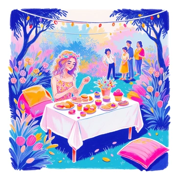 A girl with long curly hair is hosting a garden party. She is wearing a floral dress and a flower crown. In the background, there are several friends chatting and laughing, enjoying the atmosphere. The garden is adorned with "fairy lights" strung between the trees, creating a warm glow. On a table covered with a white tablecloth, there is an array of "delicious treats" including cupcakes, sandwiches, and fruit. Colorful flowers are arranged in vases around the setting. There are cushions scattered on the grass for guests to sit on comfortably.