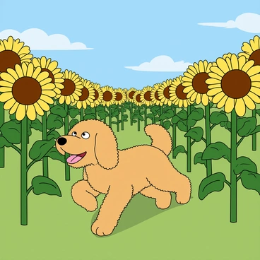 A fluffy labradoodle with curly golden fur is joyfully running through a vast field filled with towering sunflowers that reach high above its head. The dog has bright, playful eyes and its tongue is out, demonstrating its excitement. Sunflowers display vibrant yellow petals and large brown centers, swaying gently in the breeze. The grass beneath the dog's paws is lush and green, and the sky above is a clear blue, dotted with a few fluffy white clouds. The entire scene captures a sense of happiness and carefree playfulness.