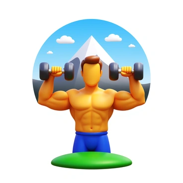 A person performing bicep curls with a dumbbell in each hand. They are standing on a grassy area, showcasing their muscular arms. In the background, there is a breathtaking mountain range with snow-capped peaks. The sky above is clear with a few fluffy clouds. The sunlight casts soft shadows on the ground, highlighting the person's focused expression as they concentrate on their workout.