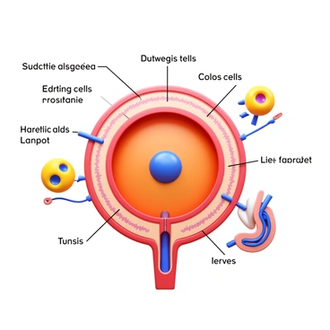 An illustration showcasing "the protective mechanisms of the testis." This includes a cross-section view of the testis with visible layers, such as the "tunica albuginea," which provides a protective capsule. Surrounding the testis is a detailed depiction of "Leydig cells" and "Sertoli cells," illustrating their roles in protection and support. Additionally, elements like "blood vessels" and "nerves" are shown, enhancing the understanding of the testis's structure and function. Labels or annotations may accompany each component for clarity.