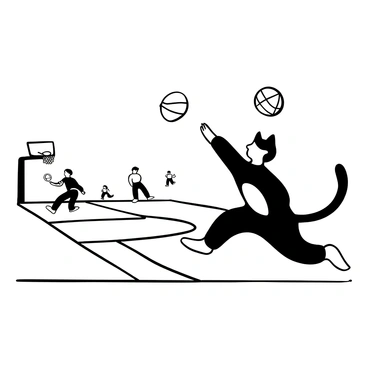 A cat with a sleek body and prominent fur is leaping into the air, extending its paw to swat at a large basketball. The basketball is mid-air, highlighted above the cat. The scene features a basketball court with clear lines and markings, and a few scattered players in the background, engaged in the game. The sun is shining brightly, casting shadows on the court and enhancing the dynamic movement of the cat.