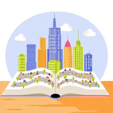 A vibrant city skyline emerges from an open book resting on a wooden table. The book features illustrated pages with detailed images of bustling streets filled with tiny cars and pedestrians. Skyscrapers with colorful facades rise dramatically from the pages, their windows reflecting various shades of blue and orange. Above, a bright blue sky with fluffy white clouds serves as a backdrop, creating contrast with the vibrant city below.