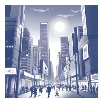 A bustling cityscape at night with towering skyscrapers. The buildings are densely packed and feature a variety of architectural designs, including glass facades and angular structures. The streets below are filled with a diverse crowd of people, some walking and others on bicycles, creating a lively atmosphere. Tall street lamps line the sidewalks, casting light onto the pavement. Signs of various sizes and shapes display advertisements and store names. The sky above is filled with a scattering of clouds, partially obscuring a bright moon that provides additional illumination.