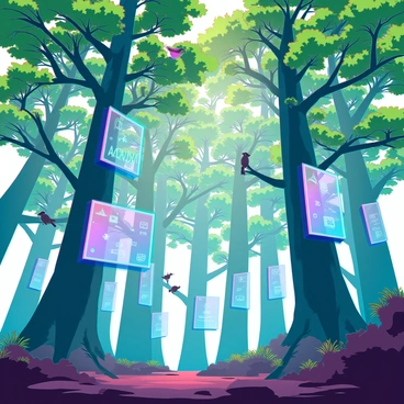 A lush forest filled with tall trees characterized by thick trunks and vibrant green foliage. The trees are integrated with large digital screens embedded in their bark, showcasing colorful AI-generated animations that move fluidly. Sunlight filters through the canopy, illuminating the screens and creating a dynamic interplay of light and shadow on the forest floor. The ground is covered with rich, dark soil and a carpet of moss and small plants, enhancing the feeling of a thriving ecosystem. Birds perch on branches, occasionally glancing at the digital displays, while a gentle breeze rustles the leaves.