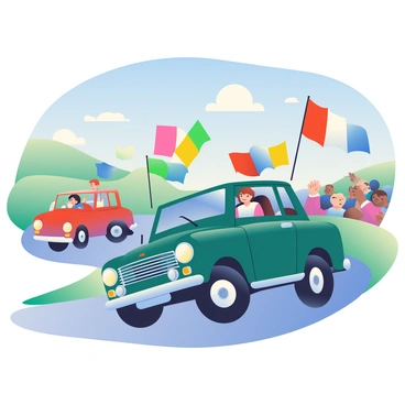 A classic Range Rover, painted in forest green, is steadily driving along a winding road. Its chrome trim glimmers in the sunlight, and the vehicle’s iconic boxy shape stands out among other vintage cars. Vibrant flags in various colors are attached to the rally car, waving energetically in the breeze. In the background, a group of spectators is gathered, some holding their own flags, cheering enthusiastically. The scene is set against a backdrop of rolling hills and a bright blue sky.