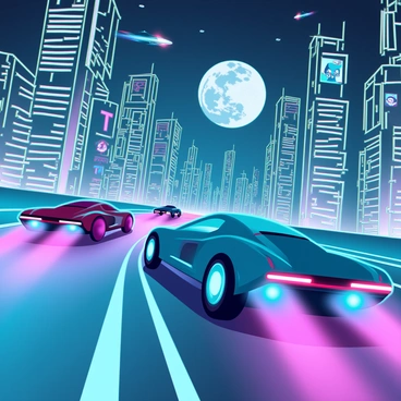 A dynamic scene of multiple sleek cars racing down a wide, illuminated street in a futuristic cityscape. The cars have aerodynamic designs, featuring glowing undercarriage lights and vibrant neon colors like electric blue, bright pink, and radiant green. Skyscrapers tower on either side, adorned with holographic advertisements and shimmering glass facades, reflecting the colorful lights. The night sky is visible above, filled with distant flying vehicles and a full moon casting a silvery glow on the scene. The ground is slick, reflecting the multitude of colors from the city, enhancing the sense of speed and excitement.