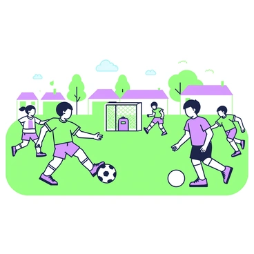 A group of children is playing soccer in a neighborhood park. In the foreground, two children are kicking a soccer ball towards a goal made from two backpacks. One child is wearing a green jersey, while the other is in a purple t-shirt. Other children are scattered around the grassy field, some running and others waiting to take their turn. In the background, a row of houses can be seen, along with several tall trees providing shade. The sky above is clear, indicating a sunny day. The scene captures the energy and excitement of the game.