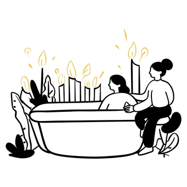 A doula sitting beside a birthing pool, gently placing a hand on the shoulder of a mother who is in the pool. The mother is surrounded by warm, flickering candlelight creating a soft ambiance. The room is filled with various candles of different heights and shapes, casting delicate shadows on the walls. The surface of the water in the birthing pool reflects the candlelight, enhancing the serene atmosphere. A few lush plants are positioned around the pool, adding to the tranquil setting.