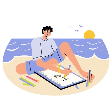 An artist with curly brown hair is sitting on a sandy beach, sketching a "snapper fish" on a "notepad" positioned on their lap. The artist is wearing a light blue shirt and denim shorts. Next to them, a few colored pencils are scattered in the sand. In the background, gentle ocean waves are lapping at the shore, and a bright sun shines in a clear blue sky. A few seagulls are flying in the distance, completing the coastal scene.