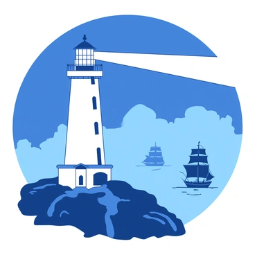 A white lighthouse stands tall on a rocky cliff, surrounded by a dense fog that blankets the night landscape. The beam of light emitted from the lighthouse stretches out in a wide arc, illuminating the fog with a soft glow. In the distance, silhouettes of ships can be seen navigating through the mist, their sails billowing gently in the wind. The lighthouse itself has a spiral staircase visible through a circular window, and the rocks at the base are slick with moisture. The scene conveys a sense of guidance and safety amidst the uncertainty of the foggy night.