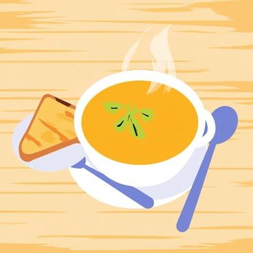 A steaming bowl of orange sweet potato soup sits on a wooden table. The soup is garnished with fresh green herbs, adding texture and color. Next to the bowl, there is a slice of crusty bread with a golden brown crust, resting on a small white plate. A spoon rests beside the bowl, ready to serve the dish. The table surface has a rustic feel, enhancing the warm, inviting atmosphere of the meal.