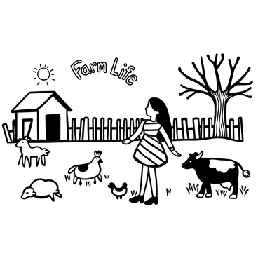A vintage Barbie doll wearing a colorful dress is standing in a grassy field surrounded by various farm animals. There is a white sheep grazing nearby, a brown cow lying down in the shade, and a few chickens pecking at the ground. In the background, a wooden fence encloses a small barn with a thatched roof. The sun is shining brightly, casting distinct shadows on the ground. A tree with a textured trunk and sprawling branches stands to one side, adding depth to the rural landscape. The words "Farm Life" appear in an arch above the scene.