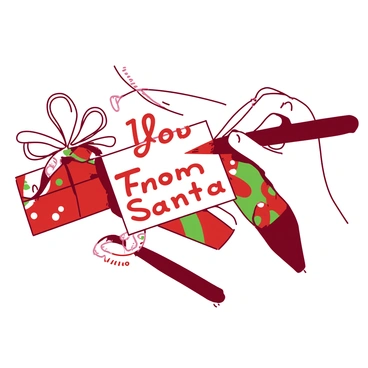 A close-up of two hands, one slightly larger than the other, carefully holding a small white gift tag. The tag is positioned prominently in the center of the image. A red pen is being used to write the words "To: You, From: Santa." The letters are clear and legible, with the writing appearing neat and deliberate. In the background, there are hints of colorful wrapping paper and a ribbon, suggesting the presence of a beautifully wrapped gift nearby. The hands are adorned with a few festive rings, adding to the holiday spirit.