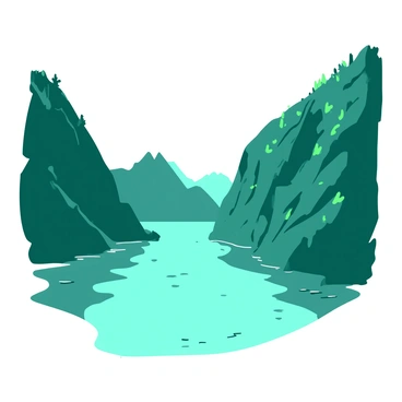 A teal Nordic fjord with steep cliffs rising dramatically on either side. The cliffs are rugged and textured, with patches of green vegetation clinging to their surfaces. The water of the fjord is a deep blue, reflecting the sky above. There are small ripples on the surface of the water, indicating a gentle breeze. In the distance, the fjord narrows, leading toward a towering mountain range that looms majestically against the horizon.