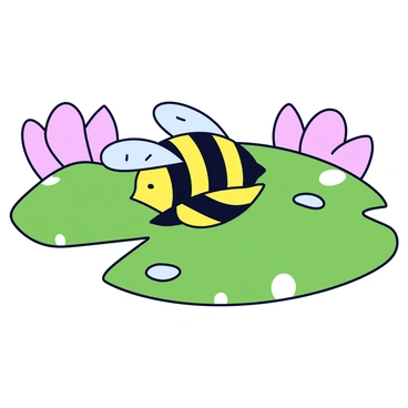 A bee with intricate black and yellow stripes is sitting cross-legged on a large green lotus leaf. The bee has small, delicate wings folded neatly on its back. Its tiny eyes are closed, and it appears calm and focused. The lotus leaf is vibrant and glossy, with water droplets resting on its surface. Surrounding the leaf are soft, blurred hints of pastel-colored flowers, creating a serene atmosphere.