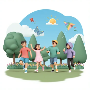 A group of children, three boys and two girls, are in a lush green park filled with vibrant flowers and tall trees. Each child is running energetically while holding colorful kites. One boy, wearing a red shirt and blue shorts, has a bright red kite that is soaring high in the sky. Another boy is wearing a yellow cap and a green t-shirt, flying a blue kite that dances in the wind. One girl, dressed in a pink dress, is laughing as she controls a butterfly-shaped kite with multicolored wings. The other girl, wearing a purple hoodie and black leggings, is trying to catch up with a rainbow-striped kite that is climbing higher. The sun is shining brightly, and the sky is a vivid blue, dotted with fluffy white clouds. Children are smiling, focused on their kites as they compete for the highest altitude.