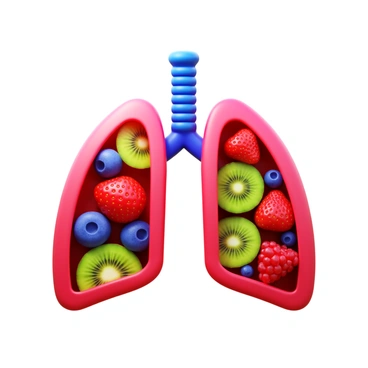 A pair of human lungs filled with a vibrant assortment of fresh fruits and berries. The lungs are depicted in a realistic manner, with strawberries, blueberries, raspberries, and slices of kiwi visibly nestled within the lung structure. The colors of the fruits are bright and vivid, showcasing a range of reds, blues, and greens, symbolizing health and vitality. The overall composition emphasizes the juxtaposition of the organic lung shape with the lively, colorful fruits.
