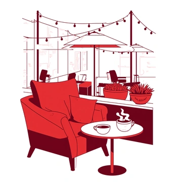 A red love chair with plush cushions is positioned in the corner of a chic outdoor café. The chair is surrounded by small potted plants, adding a touch of greenery to the setting. A round white table is placed beside the chair, with two steaming cups of coffee resting on it. In the background, there are stylish café umbrellas providing shade, and the ambiance is enhanced by string lights hanging above, creating a warm atmosphere.
