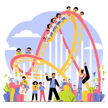 A bright theme park filled with colorful attractions and lively atmosphere. A large, twisting roller coaster with vibrant red and yellow tracks towers over the scene. Families are seated in the coaster cars, with excited expressions on their faces as they ascend a steep incline. The sky above is a clear blue, dotted with fluffy white clouds. Nearby, spectators are cheering and waving as they watch the ride. Vibrant flags and banners adorn the park, adding to the festive ambiance. Children are laughing and raising their hands in the air, fully immersed in the thrill of the ride.