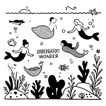 A vibrant underwater scene featuring multiple mermaids gracefully swimming among various sea creatures. The mermaids have flowing hair and tails, each adorned with intricate scales. Around them, colorful fish of different shapes dart through the water. A large sea turtle glides by in the background, while a coral reef is visible below, teeming with life. Bubbles rise to the surface, creating a sense of movement in the scene. "Underwater Wonder" is subtly integrated into the composition, floating amongst the sea life.