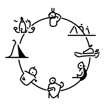 A minimalistic drawing depicting an ancestral circle. The circle features simplified representations of various human tribes throughout history. Each segment of the circle showcases a different tribe, illustrated with basic shapes and symbols that signify their unique cultural attributes. The tribes include a nomadic group with tents, an agricultural society with crops, a maritime tribe with boats, and a warrior clan with shields. The overall composition is balanced, emphasizing the diversity of human cultures in a harmonious formation.