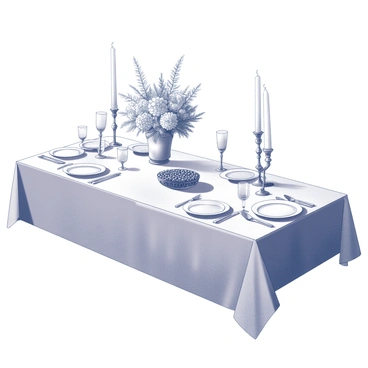 A dining table set with an elegant tablecloth, featuring a center arrangement of a "crystal caviar dish" that glistens under soft lighting. Surrounding the dish are "silver serving utensils," polished to a shine, strategically placed next to fine china plates. The table is adorned with "intricately designed glassware" and "ornate napkin holders," enhancing the luxurious feel. Large, decorative candles are positioned on either end of the table, casting delicate shadows. A backdrop of "tastefully arranged floral centerpieces" adds to the opulence of the setting.