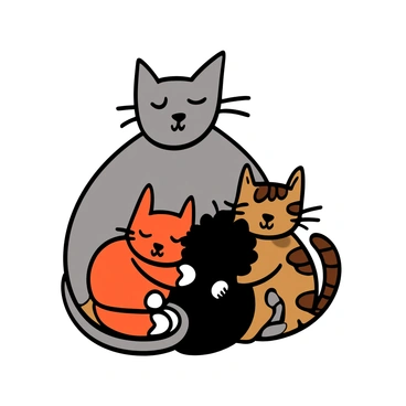 An outline of a mother cat with a sleek body and prominent features, sitting peacefully. The mother cat has soft gray fur and bright eyes. Surrounding her are three small kittens, each with different colored fur: one is orange with white paws, another is black with fluffy fur, and the third is a tabby kitten with brown stripes. They are all sitting close together, forming a cozy cluster, with the mother cat gently watching over her playful kittens.