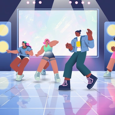 A futuristic dance floor is illuminated by high-tech lights in various colors. Holographic visuals are projected above the dance area, displaying dynamic patterns and shapes that pulse in sync with the music. The floor tiles are glossy and reflective, enhancing the vibrant light display. People are dancing energetically, with some wearing stylish, sleek outfits featuring LED details. In the background, large speakers emit sound waves, creating a lively atmosphere. The overall scene is filled with a sense of excitement and modernity.