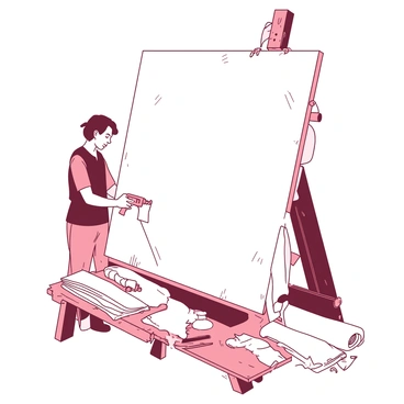 An artist is standing beside a large canvas that is being stretched over a wooden frame. The canvas is primarily white and taut, showing the texture of the fabric. The artist is seen carefully pulling the edges of the canvas and securing them with a staple gun. Nearby, there are rolls of canvas material and various tools scattered on a wooden table. The artist's focused expression reflects concentration as they ensure the canvas is perfectly aligned. The wooden frame is sturdy, with visible grains and knots, emphasizing its natural quality.