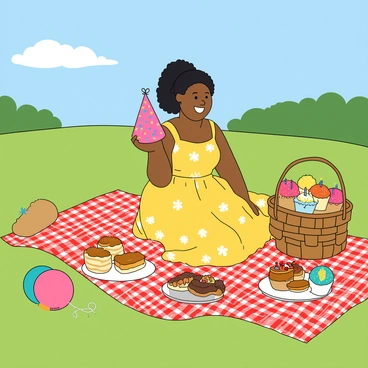 A young woman with medium skin and curly black hair tied back in a ponytail is sitting on a large red and white checkered picnic blanket spread out on a green grassy area in the park. She is wearing a bright yellow sundress with white floral patterns. Surrounding her are various snacks, including a basket filled with sandwiches, a bowl of fresh fruit, and a plate of colorful cupcakes with candles on them. The woman is smiling widely, holding a pink party hat adorned with colorful polka dots. Nearby, there are a few colorful balloons tied to a picnic basket. A clear blue sky with fluffy white clouds can be seen in the background.