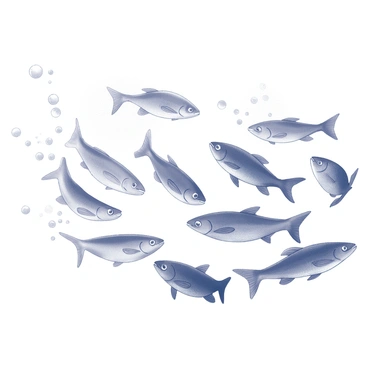 A school of tiny fish is swimming together in the ocean. Each fish has a sleek, streamlined body that reflects shimmering light. The group moves in unison, creating swirling patterns as they navigate through the water. Bubbles are rising around them, adding to the dynamic movement of the scene. Sunlight filters through the water, casting soft shadows and highlighting the fluid motion of the fish as they dart and weave among each other.