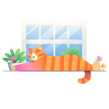 A fluffy orange tabby cat is doing a long stretch on a sunny windowsill. The cat's body is elongated, with its front paws reaching out while its back legs are extended behind. Sunlight streams through the window, casting a warm glow on the cat's fur, highlighting its stripes. In the background, there are lush green plants on the sill, and a few colorful flowers in small pots. The window frame is white, and outside, a clear blue sky is visible, enhancing the bright and cheerful atmosphere of the scene.