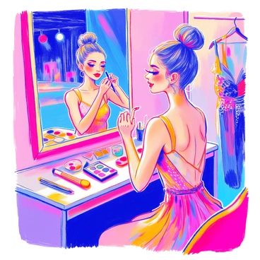 A dancer applying bold makeup in preparation for a performance.