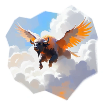 A mythical buffalo with large, majestic wings is soaring gracefully through a sky filled with fluffy white clouds. The buffalo has a strong, muscular body covered in a rich, dark fur that glistens in the sunlight. Its wings are expansive, resembling those of an eagle, with intricate feather details that catch the light as it glides. Below, the sea of clouds creates a soft, billowy backdrop, highlighting the buffalo's impressive flight. The scene captures a sense of freedom and majesty as the buffalo navigates the vast sky.
