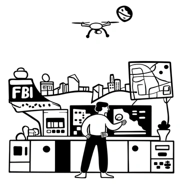 An FBI agent in a tactical outfit stands focused in front of a large control console, manipulating the controls to direct a drone flying high above. The drone is captured mid-flight, its propellers spinning rapidly. In the background, a vast landscape stretches out, showcasing a mix of urban structures and open fields. Equipment and monitors surround the agent, displaying various surveillance data and maps, while a detailed map on the wall highlights the area being monitored.