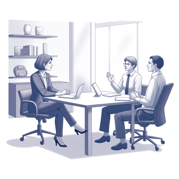 A well-lit office space featuring a large wooden table at the center. An experienced female leader sits confidently on one side of the table, wearing professional attire. She has short hair and is using hand gestures while speaking. Opposite her, a young male professional is seated, attentively listening with a notebook in front of him, ready to take notes. The office has shelves filled with books and awards on the walls, as well as a large window that lets in natural light, illuminating the professional atmosphere. The scene captures the essence of mentorship and collaboration.