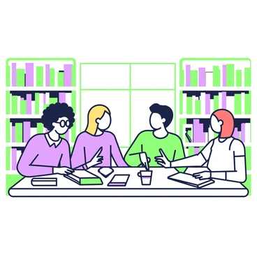 A group of diverse students is sitting together at a large wooden table in a library. There are four students present: one with curly black hair wearing glasses, another with straight blonde hair tied back, a third with long red hair, and the fourth with short brown hair. They are surrounded by tall bookshelves filled with books. Each student has open notebooks and textbooks scattered on the table. One student is pointing to a page in a textbook while another is writing notes in a notebook. A couple of coffee cups are placed on the table, and a large window lets in natural light, illuminating the study area.