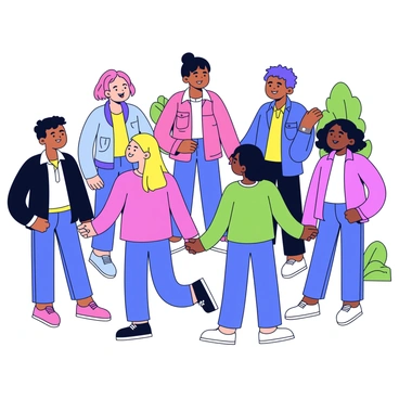 A diverse group of people standing together in a circle, holding hands to symbolize unity and support. The group includes individuals of different ages, ethnicities, and genders, all smiling and looking towards the center. Each person is dressed in casual clothing, adding to the sense of togetherness. In the background, there are hints of a park setting with green grass and a few trees, enhancing the community atmosphere.
