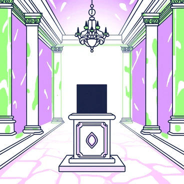 A black box sitting on a marble pedestal inside a grand, glittering castle hall