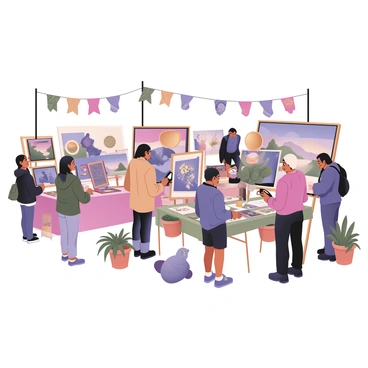 A digital flat illustration depicting an open-air art market bustling with activity. In the foreground, several tables display colorful paintings and intricate sculptures, showcasing a variety of artistic styles. Artists are visible engaging with visitors, giving demonstrations, and discussing their work. Some visitors are admiring a large abstract painting, while others are examining a ceramic sculpture. Bright banners with artistic designs hang overhead, and potted plants are placed around the market area, adding a touch of greenery. Sunlight casts soft shadows, creating an inviting atmosphere. 