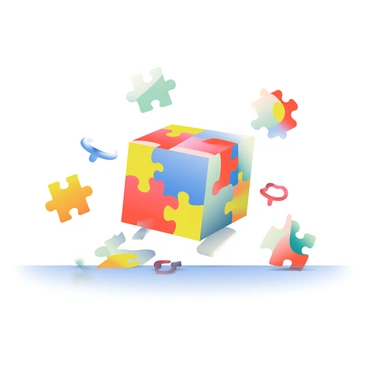 Pieces of a 3D jigsaw puzzle coming together to form a cube
