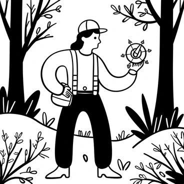 An explorer dressed in rugged outdoor gear is standing amidst dense wilderness, surrounded by tall trees and thick underbrush. He is holding a compass in one hand, which is spinning wildly. The explorer has a puzzled expression, with his brow furrowed and body slightly leaning forward, as if trying to understand the compass's behavior. The forest is depicted with intricate details of leaves and branches, creating a sense of depth and complexity in the surroundings.