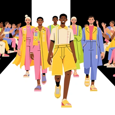 A group of models of various ethnicities walking in a dynamic fashion show. Each model wears a distinct outfit that represents a different style, including vibrant colors and unique patterns. The runway is decorated with bright lights and an enthusiastic audience in the background, clapping and taking pictures. The setting reflects an atmosphere of celebration and inclusivity in fashion.