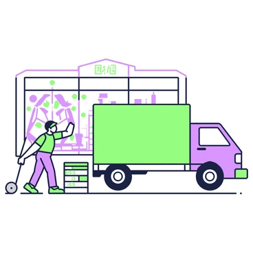 A delivery truck is parked outside an art supply store, with the back doors open. The truck has a visible logo on its side. Stacks of boards are being unloaded, featuring both "1/4" and "1/8" markings on the edges. The boards are neatly piled next to the truck, with some leaning against the side. Several art supply items are visible in the store's windows, such as paint tubes and brushes. A person wearing a uniform is in the process of taking the boards off the truck and placing them onto a dolly.