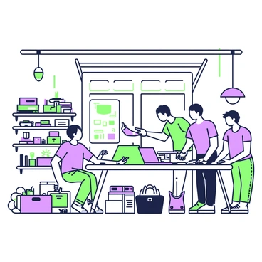 A startup team is collaborating inside a garage filled with various computers and gadgets. There are four team members gathered around a table cluttered with laptops, monitors, and circuit boards. One team member is typing on a laptop, while another is pointing at a blueprint pinned to a corkboard on the wall. In the background, several shelves are lined with electronic components, tools, and storage boxes. The garage door is open, allowing natural light to fill the space, illuminating the team's focused expressions and the array of technology around them.