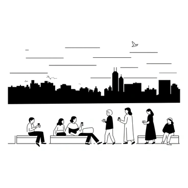 A black-and-white lineart illustration of a lake in Bangalore during the evening. The scene includes a group of people sitting on benches and walking along the lakeshore. Some individuals are holding cups of tea while others are engaged in conversation. In the background, there are trees and silhouettes of buildings. The sky is filled with stylized lines representing the sunset. A few birds are flying above the water.