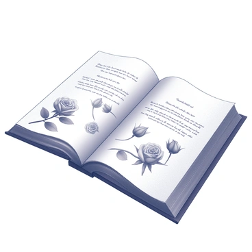 An open book lies on a flat surface, revealing its pages filled with text. The pages display several "famous quotes about roses" in elegant typography. Around the text, there are "delicate rose imagery" depicting various stages of blooming roses, with some fully opened and others in bud form. The roses are intricately detailed, showcasing their petals and leaves, adding a soft visual texture to the scene. The overall composition conveys a sense of harmony between the quotes and the rose illustrations.