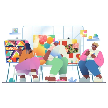 A group of illustrators is gathered in a bright, open studio working on various pieces of artwork inspired by different cultures and traditions. One illustrator, a woman with dark skin and braided hair, is painting a vibrant mural featuring designs from Indigenous cultures. Another illustrator, a man with light skin and glasses, is sketching intricate patterns inspired by African textiles on a large canvas. Nearby, a third illustrator, a person with curly brown hair and olive skin, is carefully shaping a sculpture that reflects Asian art traditions. The studio is filled with art supplies, including brushes, paints, and fabric swatches, and large windows allow natural light to illuminate the space. Each illustrator is focused on their work, showcasing the diversity and creativity of their artistic expressions.